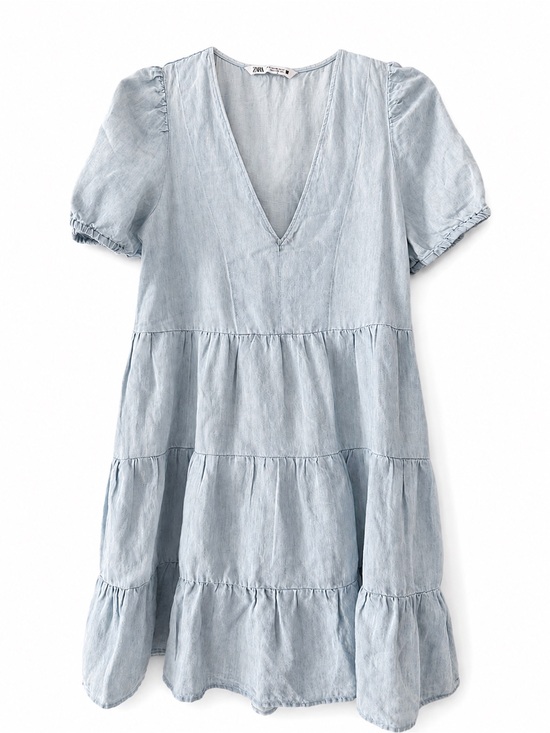 Zara Dresses & Skirts - Zara Light Blue Tiered Puff Sleeve Mini Dress XS